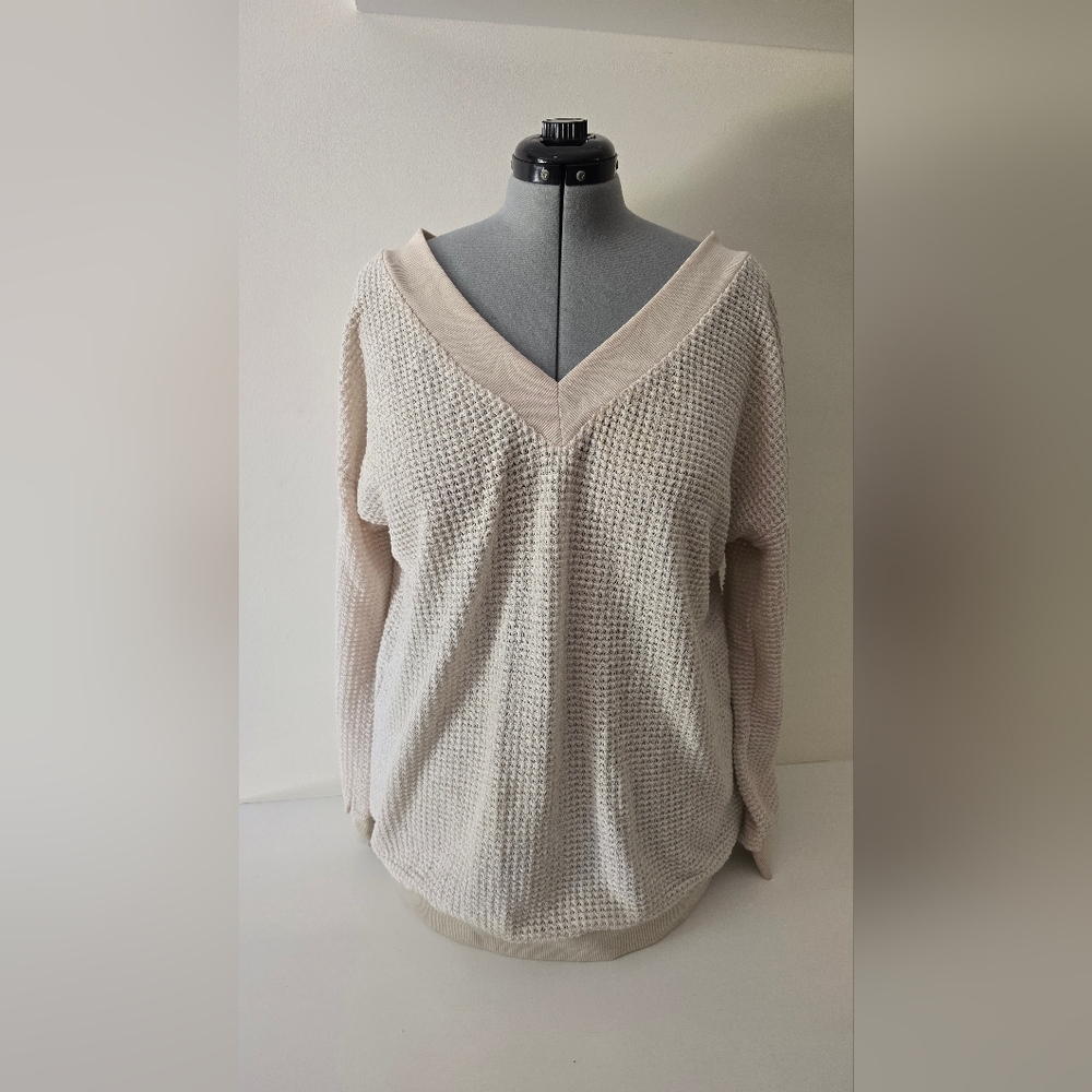 Adreamly Women’s XL Sweater – Beige V-Neck Waffle Knit Pullover